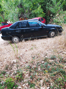 a black car is parked in a field with a red car in the background