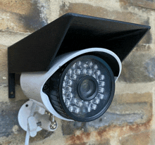 a security camera is mounted to a brick wall and has the word power on it