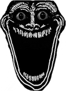 a black and white drawing of a creepy face with a big mouth and big eyes .