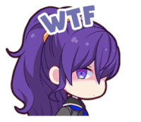 a cartoon girl with purple hair has the word wtf on her head