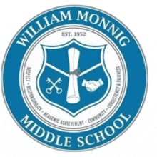 the logo for william monnig middle school is blue