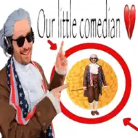 a man wearing a wig and sunglasses points to a picture of benjamin franklin and the words our little comedian