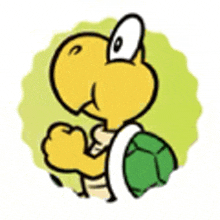 a cartoon turtle with a green shell is standing in a circle on a green background .