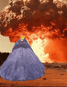 a woman in a blue dress with a crown on her head is standing in front of an explosion