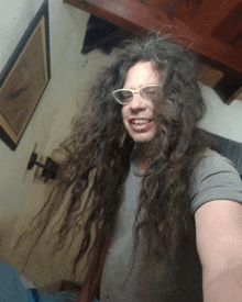 a man with long curly hair wearing glasses and a grey shirt