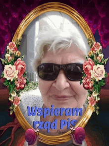 a woman wearing sunglasses is in a picture frame with the words wspieram rzad pis written on it