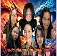 a group of people are posing for a picture with the words dragonians smiley family