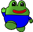 a green frog wearing a blue shirt and a red mouth is waving .