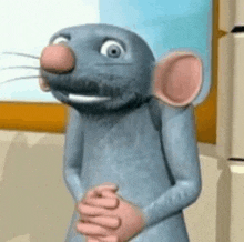 a cartoon rat is standing in front of a window with his hands folded .