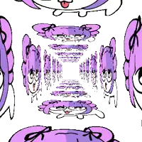 a cartoon drawing of a girl with purple hair and bows