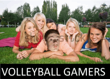 a group of young people laying on the grass with the words volleyball gamers below them