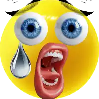 a yellow smiley face with blue eyes and a tear