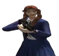 a girl in a blue dress is holding a gun and smiling