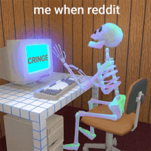 a skeleton sits at a desk in front of a computer screen that says cringe on it