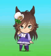 a cartoon girl with long hair and a hat is dancing on a field .