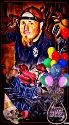 a painting of a man surrounded by balloons and flowers with the words happy birthday on the bottom