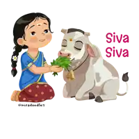 a cartoon illustration of a girl feeding a cow and the words siva siva below it