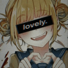 a girl with a sticker on her face that says `` lovely '' is making a heart with her hands .