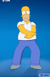 homer simpson is standing with his arms crossed and a chat button below him