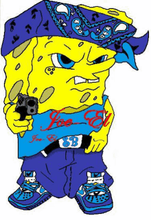 spongebob is wearing a bandana and holding a gun in his hand .