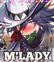 a man in a hat is holding a red rose in his mouth and the name mlady is on the bottom right