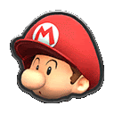 a close up of a cartoon character 's head wearing a red hat with a m on it .