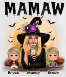 a woman in a witch costume drinking a cup of coffee with two boys named brock and mandy