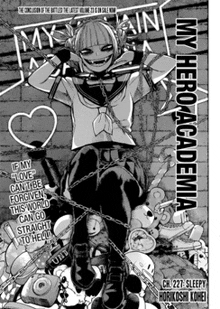 a page from my hero academia with a girl chained to a pile of stuffed animals