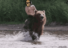 a pixel art of a man riding a bear in a river