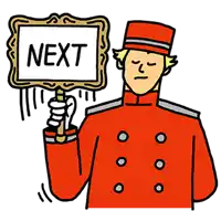 a cartoon of a man in a red uniform holding a sign that says next