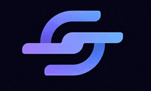 a blue and purple logo on a dark background