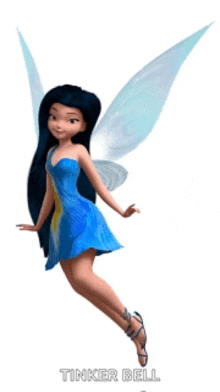 a fairy with long black hair and blue wings is named tinkerbell