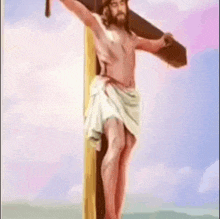 a painting of jesus on the cross with a crown of thorns on his head .