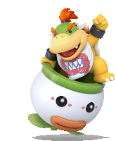 a cartoon character named bowser is sitting inside a green and white bowl
