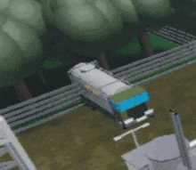 a pixel art of a garbage truck driving through a field .