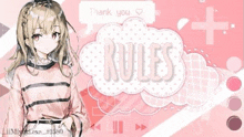 a girl in a pink striped shirt is standing in front of a pink background with the words `` rules '' .