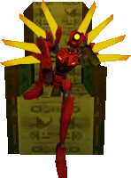 a red robot with yellow wings is standing in front of a wall with arabic writing