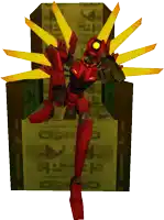 a red robot with yellow wings is standing in front of a wall with arabic writing