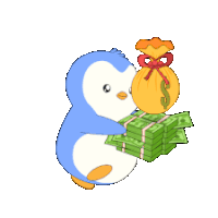 a penguin is holding a stack of money and a bag of money with a dollar sign on it