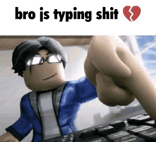 a cartoon character is typing on a keyboard with the words bro is typing shit