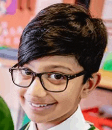 a young boy wearing glasses is smiling and looking at the camera .