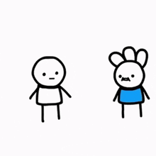 two stick figures are standing next to each other on a white background . one of the stick figures is wearing a blue shirt .