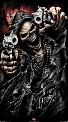 a grim reaper is holding two guns in his hand