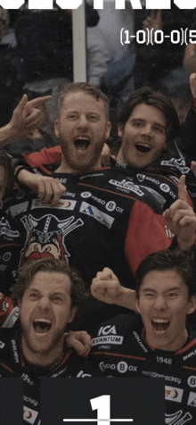 a group of ice hockey players are celebrating a win