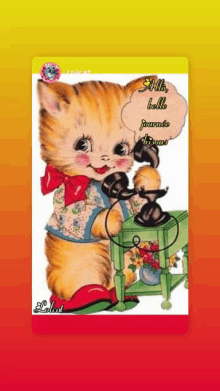 a cartoon of a cat talking on a telephone with the words alla belle journee written on the bottom