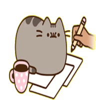 a drawing of a cat with a cup of coffee