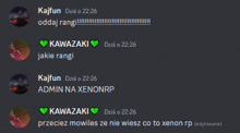 a screenshot of a chat with kawasaki admin na xenonrp