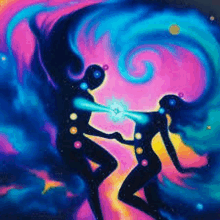 a painting of a man and a woman dancing with a light coming out of their backs .