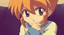 a close up of a anime character with orange hair and green eyes .