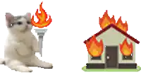 a cat holding a torch next to a burning house